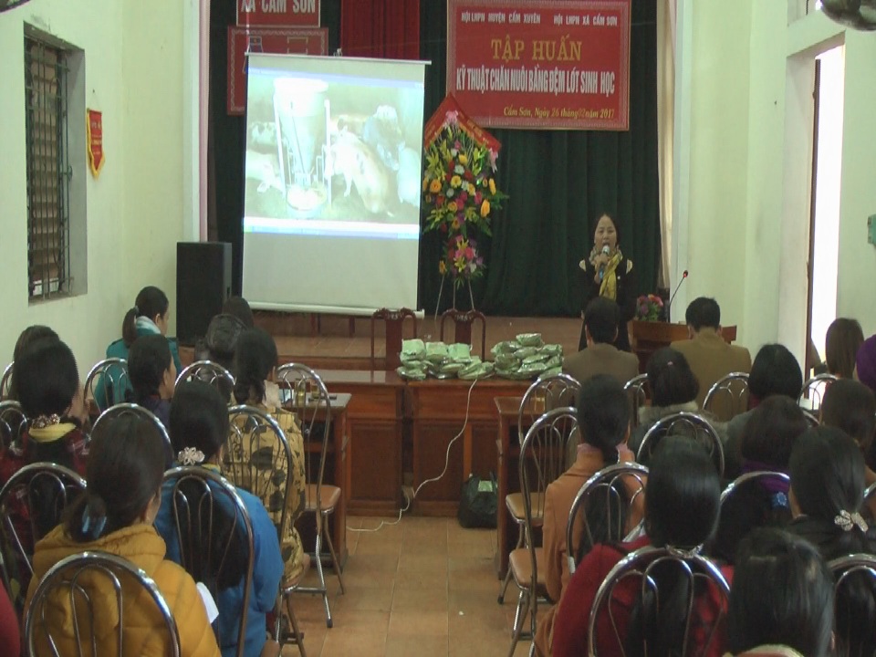 Từ thực tế của gia đình mình, chị Nguyễn Thị Hồng - Chủ tịch Hội LHPN  xã Cẩm Nam đã tuyên truyền cho hội viên phụ nữ xã Cẩm Sơn về mô hình chăn nuôi bằng đệm lót sinh học