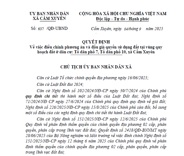 Điều chỉnh phương án và đấu giá quyền sử dụng đất tại vùng quy hoạch đất ở dân cư: Tổ dân phố 7, Tổ dân phố 10, xã Cẩm Xuyên