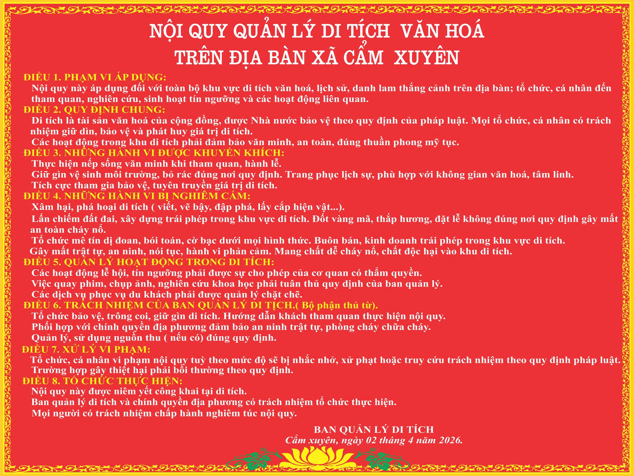 Nội quy quản lý di tích lịch sử văn hóa trên địa bàn xã cẩm xuyên