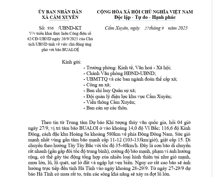 Triển khai thực hiện Công điện số 42/CĐ-UBND ngày 26/9/2025 của Chủ tịch UBND tỉnh về việc chủ động ứng phó với bão BUALOI 