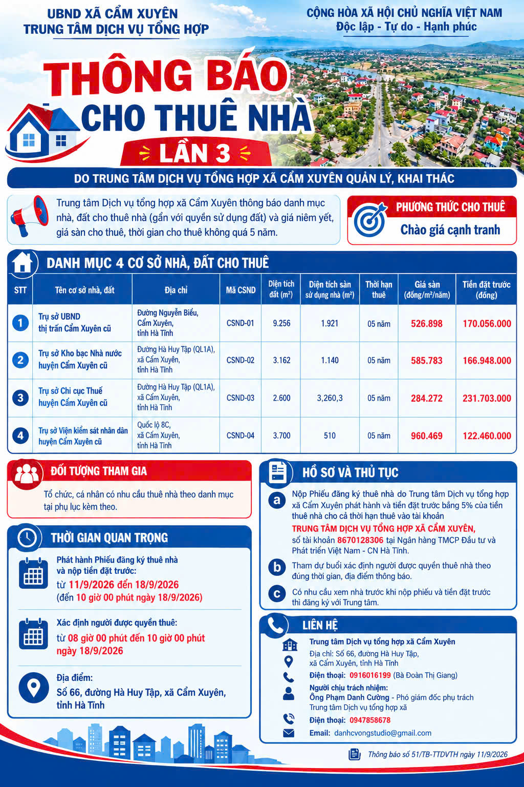 Thông báo vê việc cho thuê nhà do Trung tâm Dịch vụ tổng hợp xã Cẩm Xuyên quản lý, khai thác ( Lần 3)