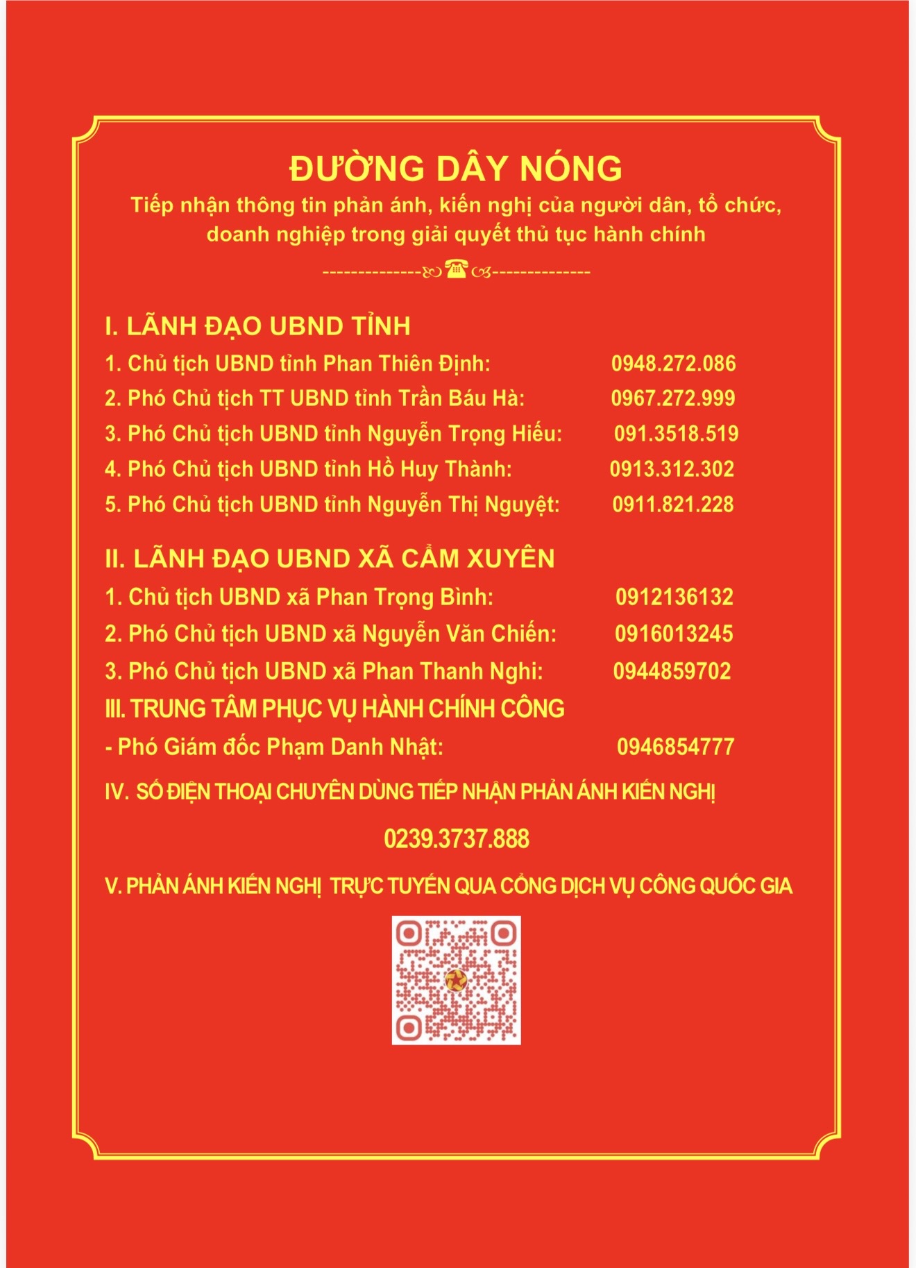 UBND xã Cẩm Xuyên thông báo đường dây nóng