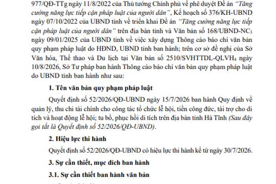 Thông cáo báo chí Quyết định số 52/2026/QĐ-UBND ngày 15/7/2026 ban hành Quy định về quản lý, thu chi tài chính cho công tác tổ chức lễ hội, tiền công đức, tài trợ cho di tích và hoạt động lễ hội; tu bổ, phục hồi di tích trên địa bàn tỉnh Hà Tĩnh